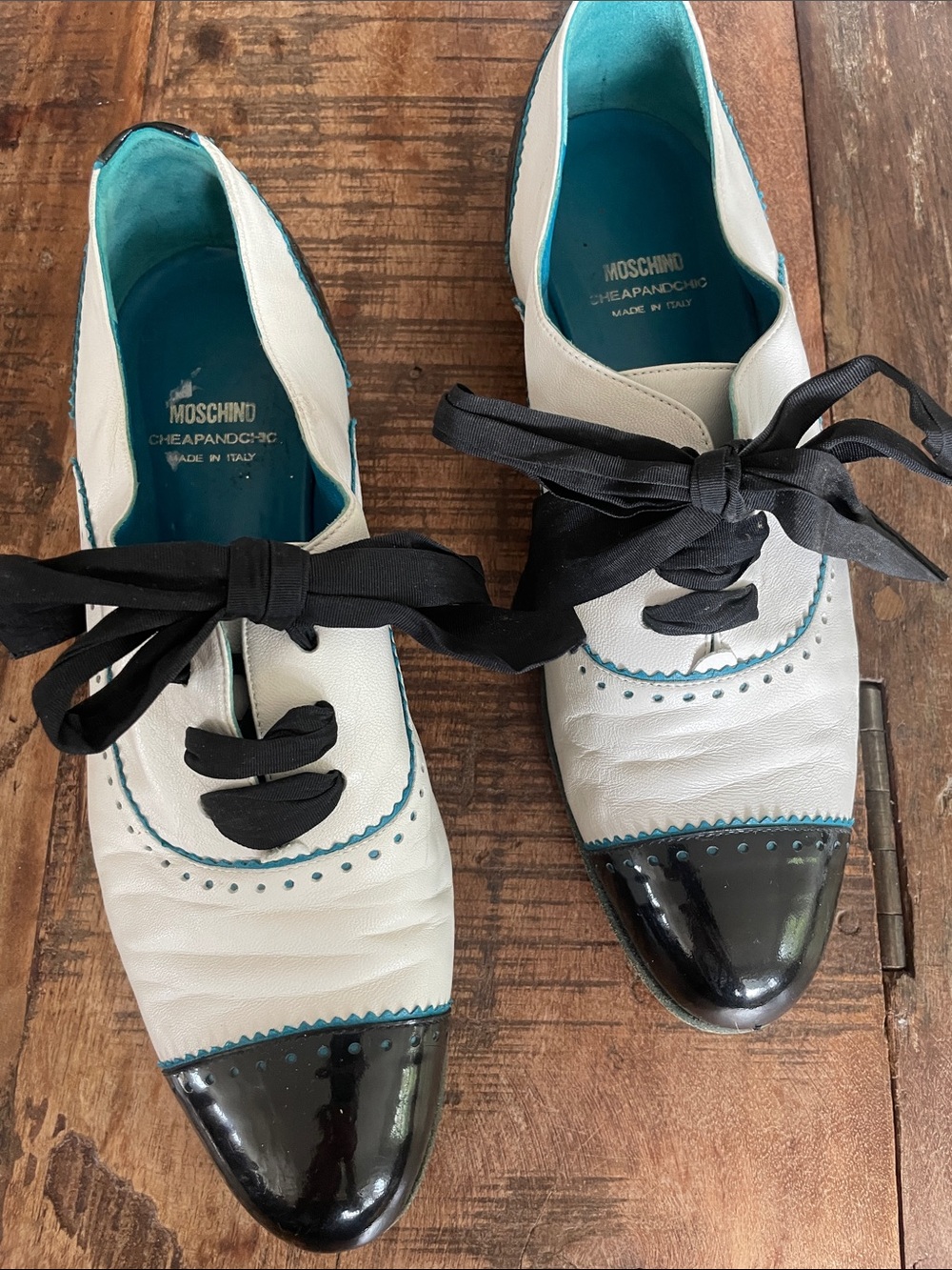 Moschino White, Black and Teal Leather Lace-Up Brogues